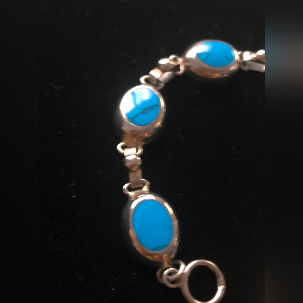 Vintage Mexico 925 Sterling Turquoise Cabochon 7" Bracelet . Only Turquoise One - Picture 4 of 10